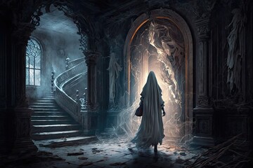 A ghost with a spectral form and a haunting expression, wandering through a haunted castle in search of a lost soul.Digital art painting,Fantasy art,Wallpaper. Generative ai.	
