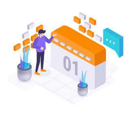 Young man looking virtual calendar Isometric illustration concept