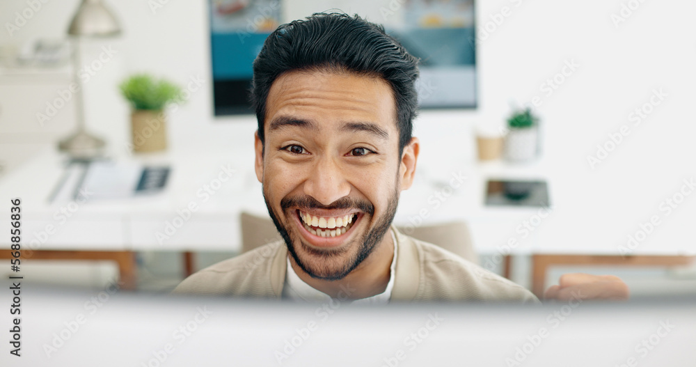 Sticker Happy businessman, success or fist on computer with wow or yes face expression in creative startup deal, goals or target. Smile, excited or winner worker with hands gesture on office technology sale