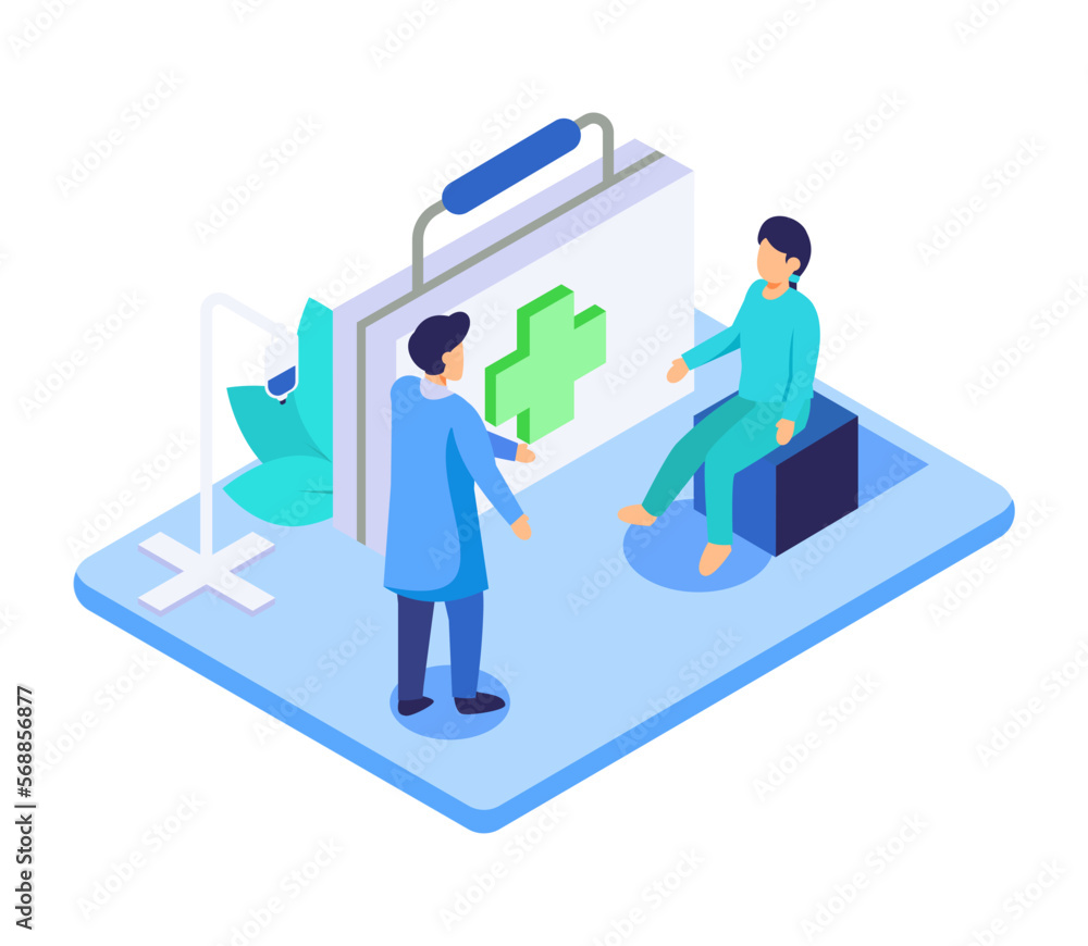 Wall mural isometric visual young man was a meeting with a doctor to treat a disease