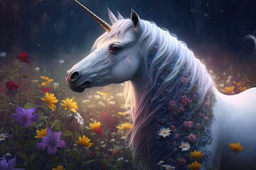 A unicorn with a shimmering horn and a gentle gaze, standing amidst a field of flowers and rainbow light.Digital art painting,Fantasy art,Wallpaper. Generative ai.	 - obrazy, fototapety, plakaty