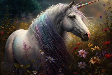 Obraz na płótnie Canvas A unicorn with a shimmering horn and a gentle gaze, standing amidst a field of flowers and rainbow light.Digital art painting,Fantasy art,Wallpaper. Generative ai. 