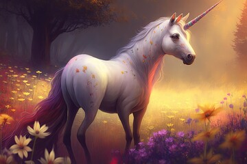 Naklejka na ściany i meble A unicorn with a shimmering horn and a gentle gaze, standing amidst a field of flowers and rainbow light.Digital art painting,Fantasy art,Wallpaper. Generative ai. 