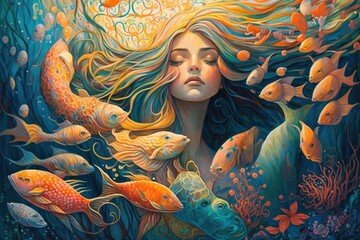 A mermaid with a serene expression and flowing hair, swimming gracefully through a coral reef surrounded by colorful fish.Digital art painting,Fantasy art,Wallpaper. Generative ai. - obrazy, fototapety, plakaty