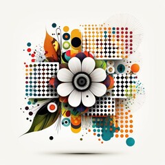 flower made from squares, circles, alphabets, poka dots, lines, flowers, and african patterns, white background. minimal generative ai