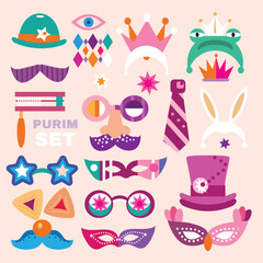 Purim - holiday  jewish carnival  seamless pattern   Carnival mask, Hamantashen, confetti, clown, garland, hat, firework,  Purim Jewish festival concept  Vector festive illustration
 - obrazy, fototapety, plakaty