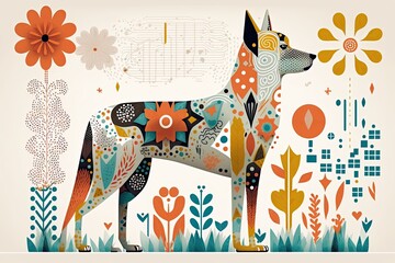 Dog made from squares, circles, alphabets, poka dots, lines, flowers, and patterns, modern traditional in the background. minimal boho generative ai