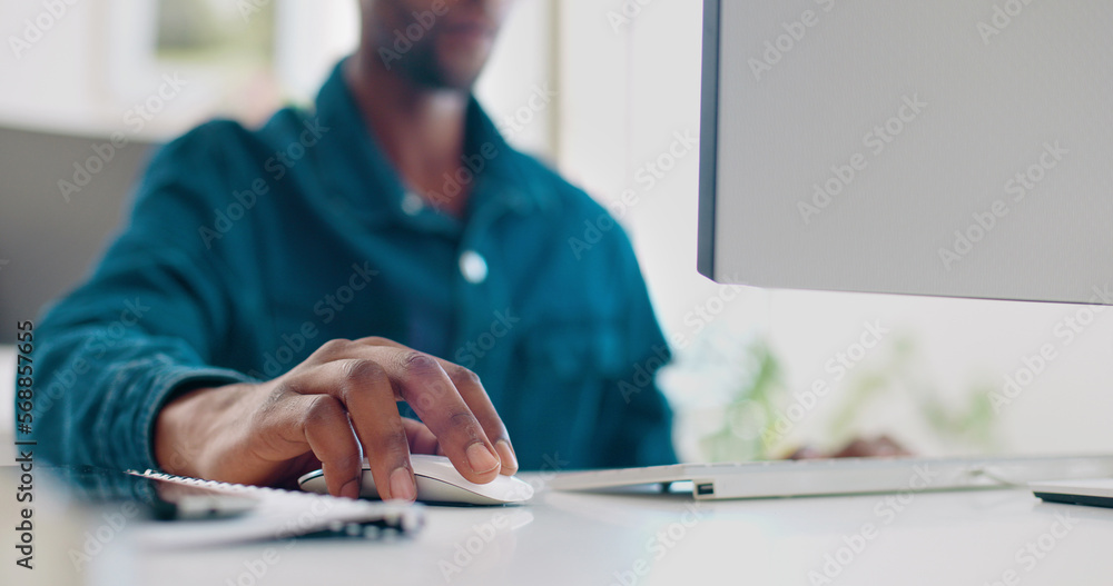 Poster office computer mouse, hands and black man working feedback review of social media, customer experie