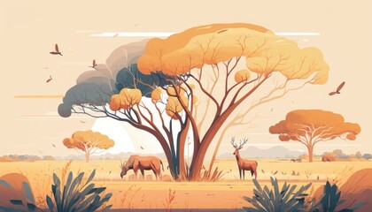 Lush Savanna in pastel shades - Postproducted generative AI digital illustration