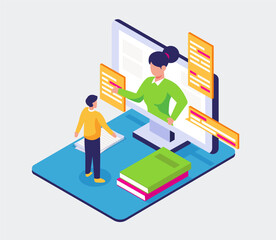 Isometric of Teenagers Learning online concept vector