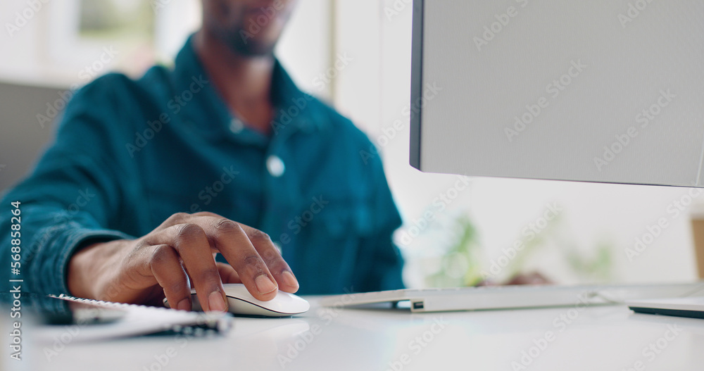 Poster office computer mouse, hands and black man working feedback review of social media, customer experie