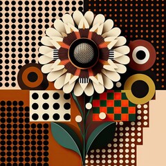 flower made from squares, circles, alphabets, poka dots, lines, flowers, and african patterns, modern traditional in the background. minimal generative ai