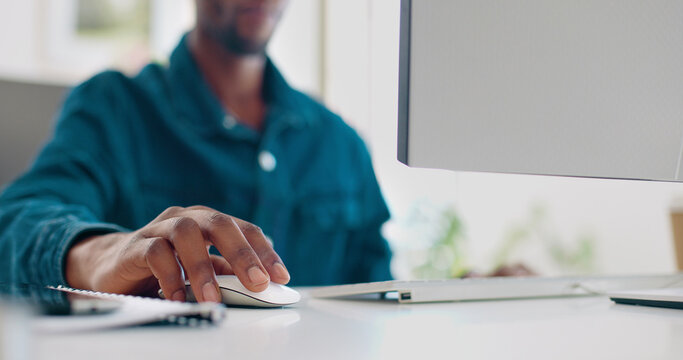 Office computer mouse, hands and black man working feedback review of social media, customer experience or ecommerce. Website analytics, research report and media analyst doing online survey analysis