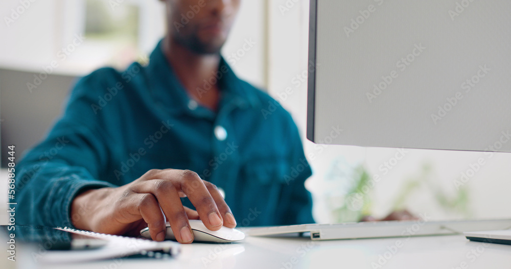 Aufkleber office computer mouse, hands and black man working feedback review of social media, customer experie
