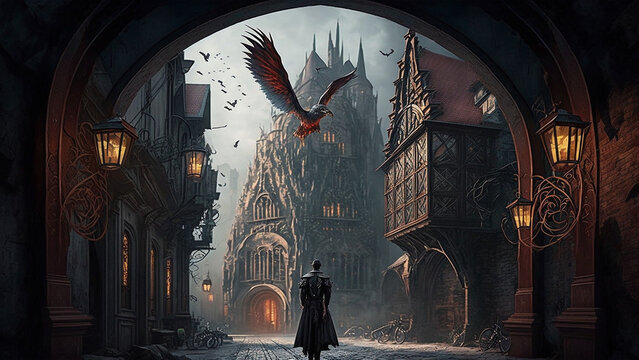 man in gothic city scenery