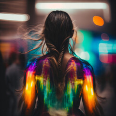 Back view blurred unrecognizable young woman walking outdoors city