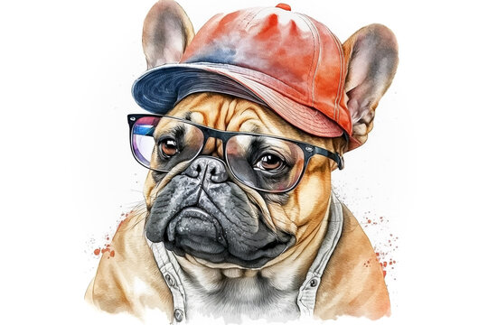 French Bulldog in baseball cap and sunglasses. Watercolor art. Generative AI