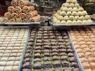 Baklava and Turkish sweets on a shop window in Istanbul
