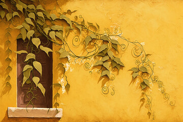 Typical old yellow wall with leaves background.Generative ai.