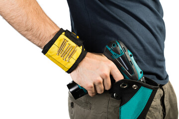 Hand of a worker with a screwdriver on a white background.