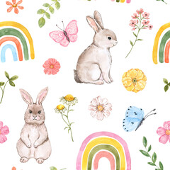 Cute bunnies, flowers, and rainbows seamless pattern. Watercolor hand-painted print. Easter background.