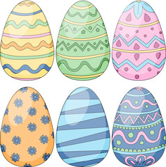 Happy Easter.Set of Easter eggs with different texture on a white background.Spring holiday. Vector Illustration.Happy easter eggs