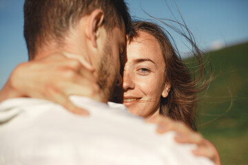 Couple walk in the mountains