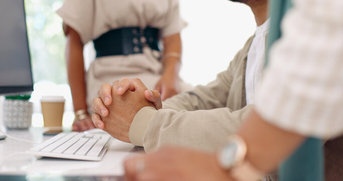 Office business people, hands or man explain financial portfolio review, stock market strategy or investment plan. Team, communication or trader working on bitcoin, forex or NFT trading collaboration