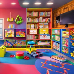 A bright and colorful kid_s playroom with a collection of fun toys and games, Generative AI