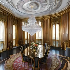 Fototapeta na wymiar A grand and traditional formal dining room with a large crystal chandelier and patterned wallpaper1, Generative AI