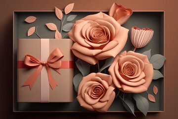 Beautiful gift box and roses on background, flat lay Valentine's day celebration.Generative ai.