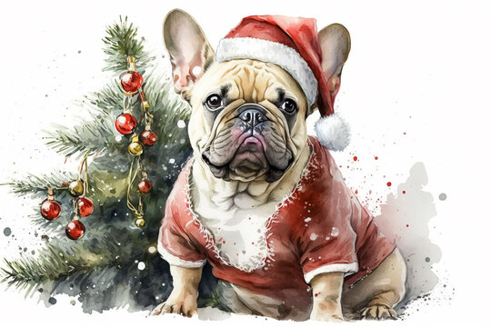 Cute French Bulldog In a santa claus costume. Watercolor painting. Generative AI