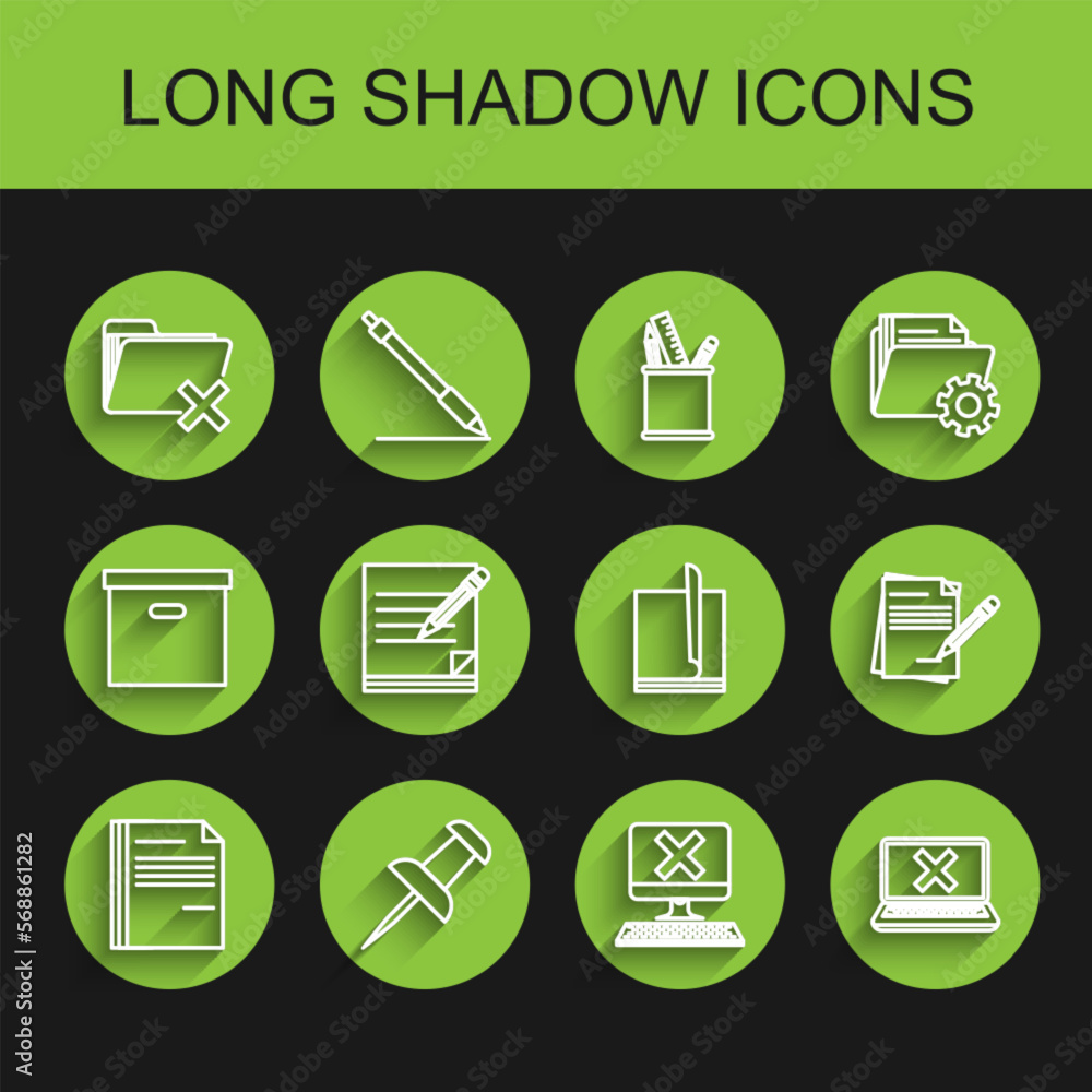 Poster set line file document, push pin, delete folder, computer with keyboard and x mark, laptop cross on 