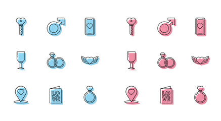 Set line Map pointer with heart, Valentines day party flyer, Key shape, Wedding rings, Heart wings, Wine glass and Male gender symbol icon. Vector