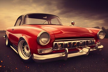 Plakat Red vintage car bumper and lights front detail view. Classic wallpaper background image. No people - generative ai