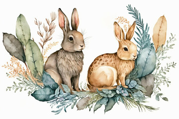 Obraz premium Hand drawing easter watercolor cartoon bunnies. Generative AI. 
