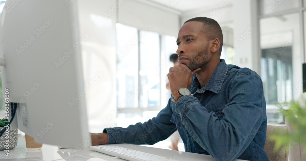 Aufkleber Office computer, thinking and black man reading feedback review of social network, customer experience or ecommerce. Website analytics, research report and media employee doing online survey analysis
