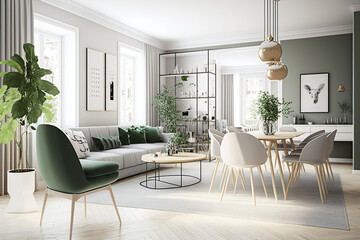 Illustration of the interior design of a modern Scandinavian apartment, living room with beige sofa and dining room, panorama 3d rendering generative AI tools