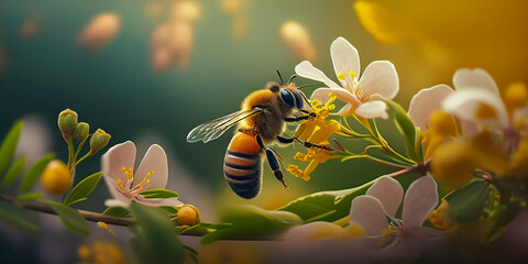 Honey bee sits on a flower and collects nectar. Close-up of a working insect. Seasonal background surrounded by the beautiful light of the rising sun. Moody light. Spring time. - obrazy, fototapety, plakaty