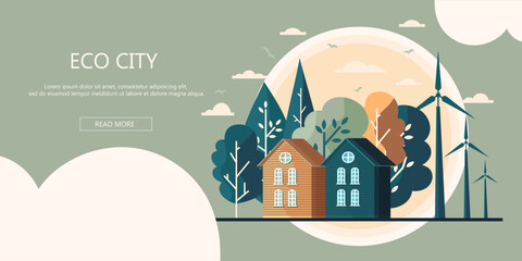 save energy the world development. environmental and ecology concept. vector illustration banner flat design. green city in landscape background. copy space for text input.