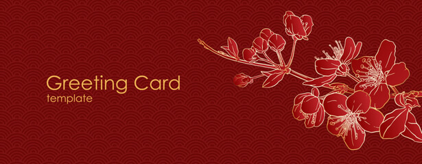 Chinese style backgroudswith sakura flowers. Cherry blossoms. Design for card, wedding invitation, cover, packaging, cosmetics. Red and golden colors.