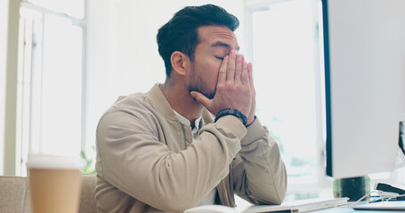 Computer, headache and face of businessman stress over bad investment, stock market crash or...