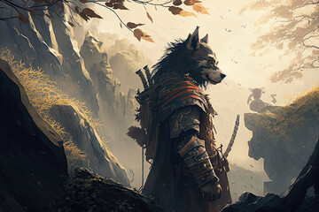 Warrior Wolf, looking to the right, in a forest