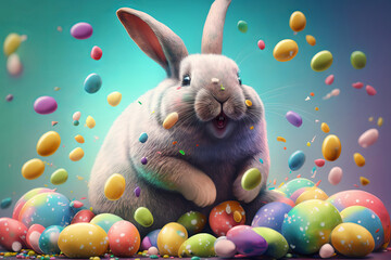 Obraz na płótnie Canvas Happy Easter bunny with many pastel color Easter eggs. Generative AI.