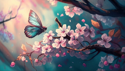 butterfly on the white pink flowers butterfly flying to a cherry branch blossom glowing blue pink background - obrazy, fototapety, plakaty