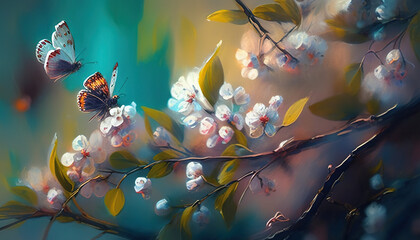 Plakat butterfly on the white flowers butterfly flying to a cherry branch blossom glowing blue yellow background
