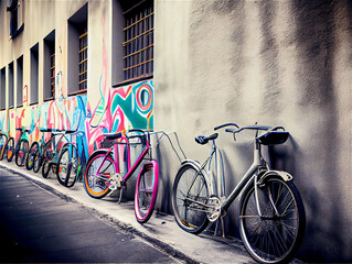 Picturesque colorful bicycles parked in an urban alley, generative AI