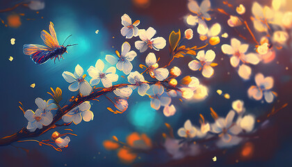 butterfly on the white orange flowers butterfly flying to a cherry branch blossom glowing blue background