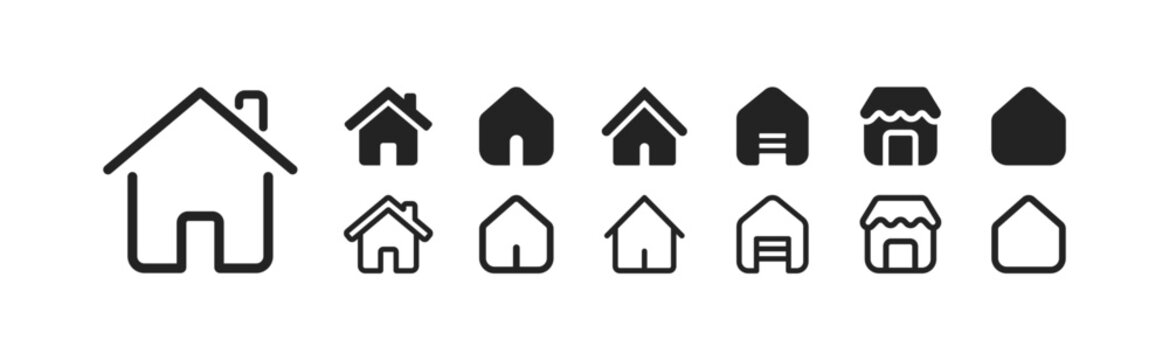 House set of linear icons. Buttons, pointers, home page, home screen, navigation, operating system, icon theme, various variations. controls concept. Set of black linear icons on a white background