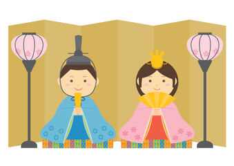 雛祭りの雛人形のイラスト_屏風あり
